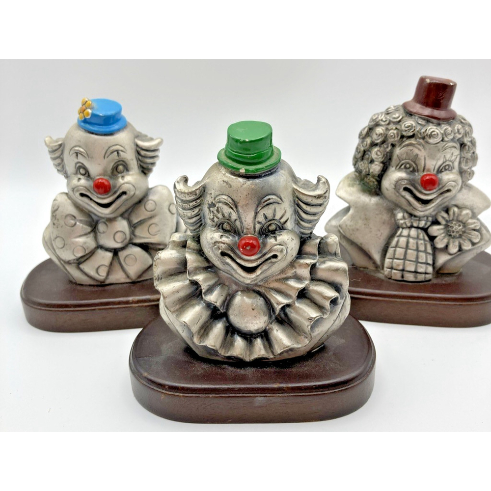 George Good Cast Pewter Clowns On Wood Base Bow Flowers 3" Statue Vtg 3 PCs Rare